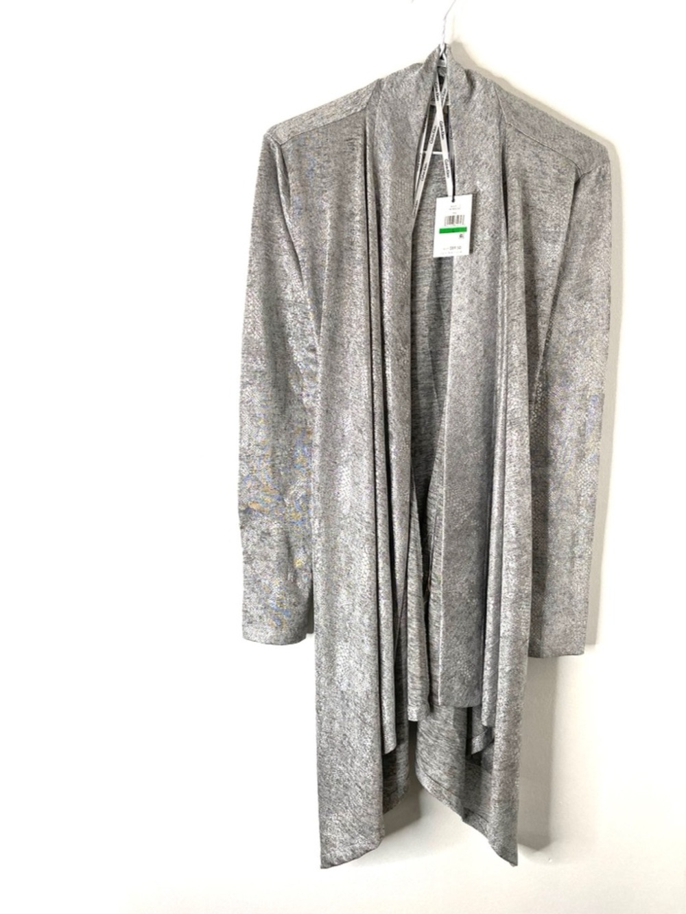 Calvin Klein Silver Metallic Open Front Cardigan NWT Foil Finish Long Sleeve